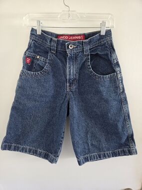 Vintage 90’s JNCO Dark Wash Blue Denim Shorts Dragon embroidered Shorts Sz 12
